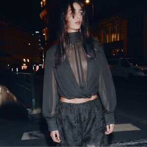 Zara DRAPED SEMI-SHEER PUFF SLEEVE TOP